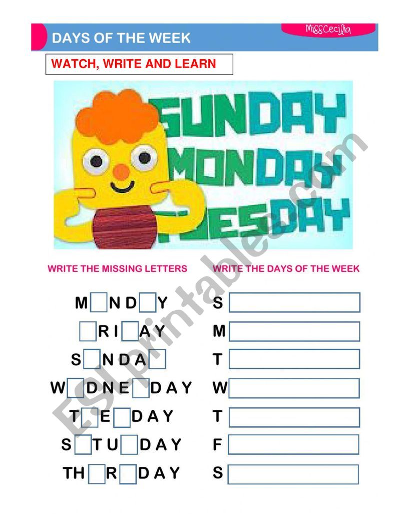 Days of the week activity worksheet