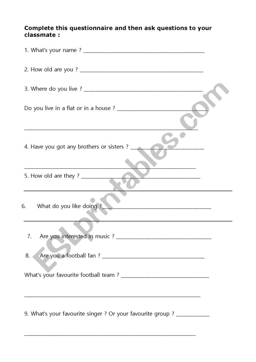 Questionnaire - ESL worksheet by sandyfr