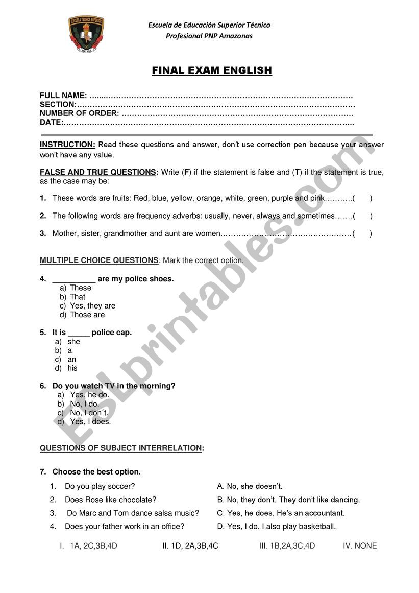 ENGLISH EXAM worksheet