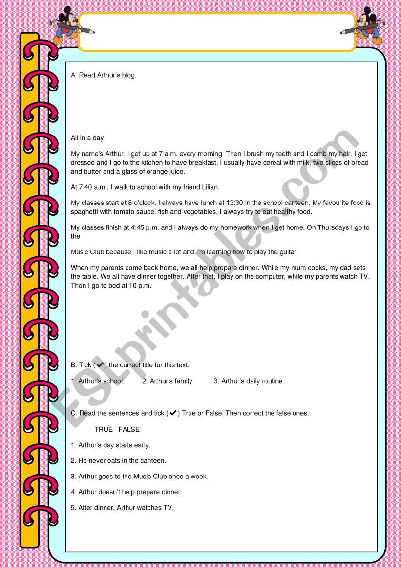 Arthur�s Blog worksheet