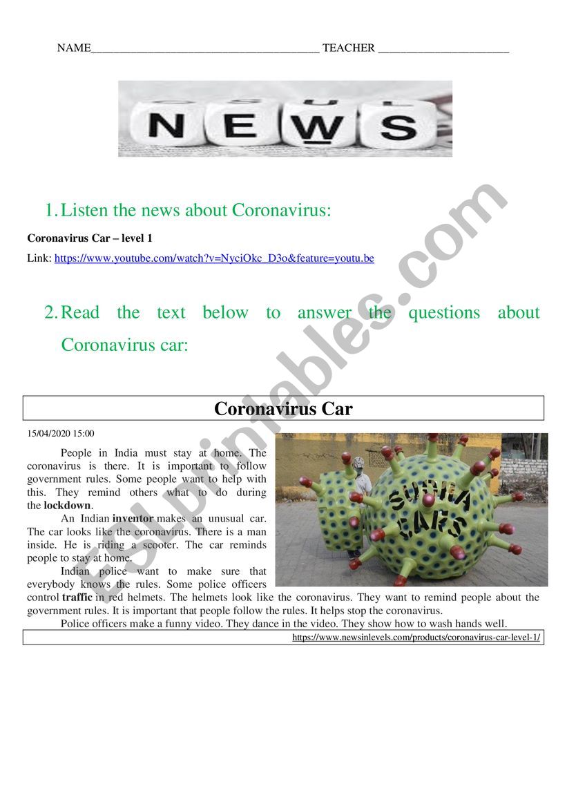 News Coronavirus worksheet