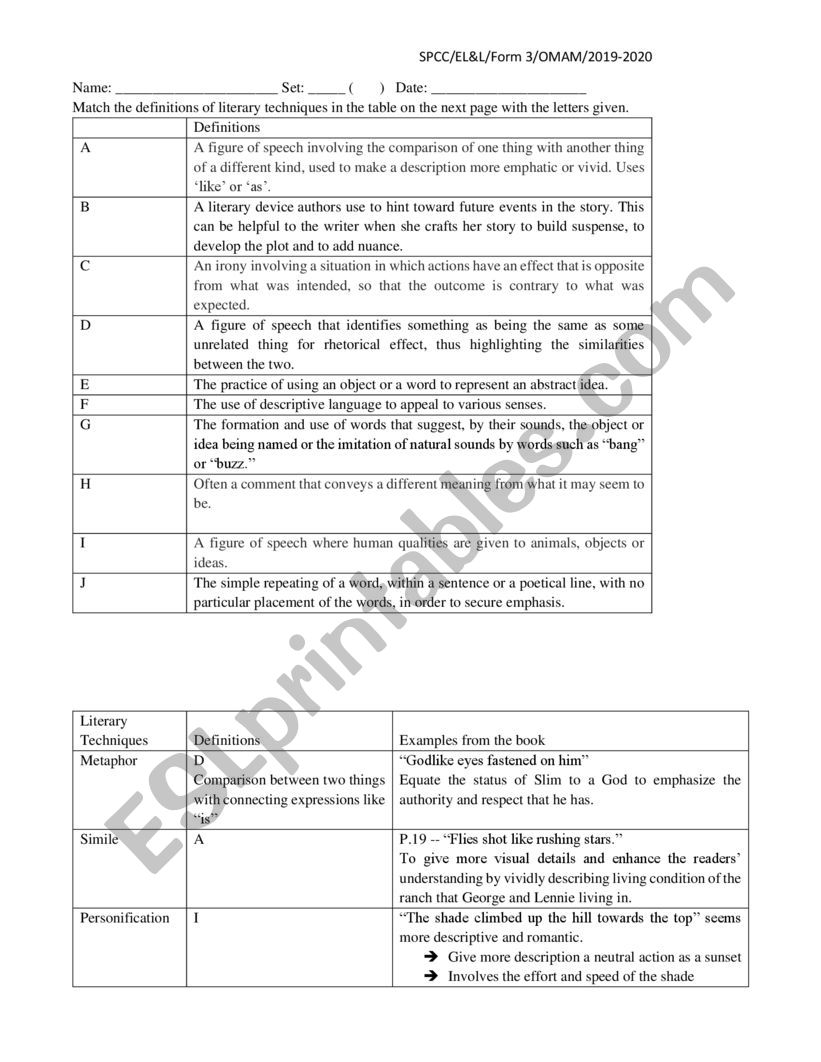 Literary techniques worksheet