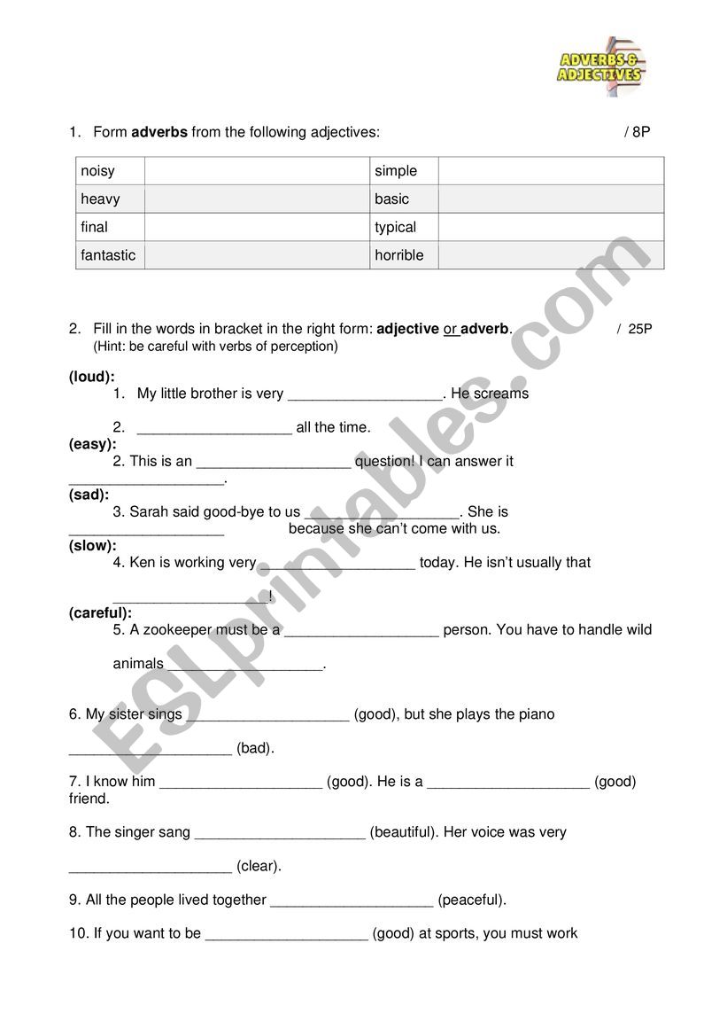 Adjectives Averbs Test worksheet