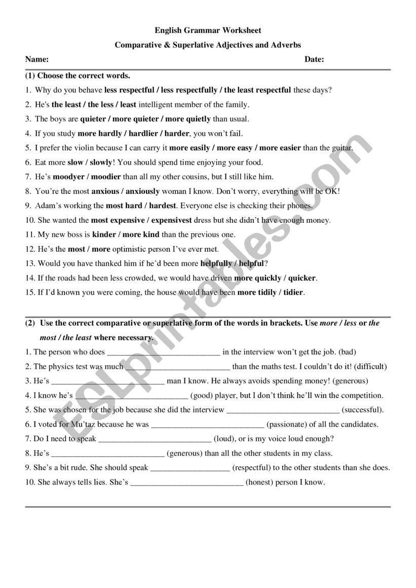 Free Esl Worksheets And Answer Keys For Comparatives Adjectives English Esl Comparatives 