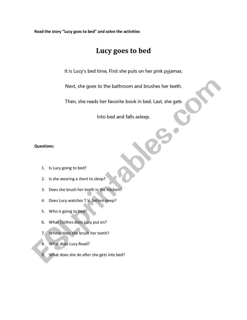 Lucy goes to bed worksheet