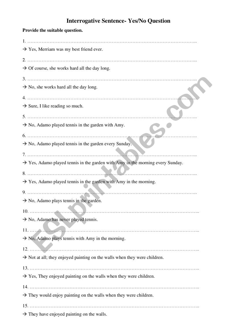 Yes/ No question worksheet