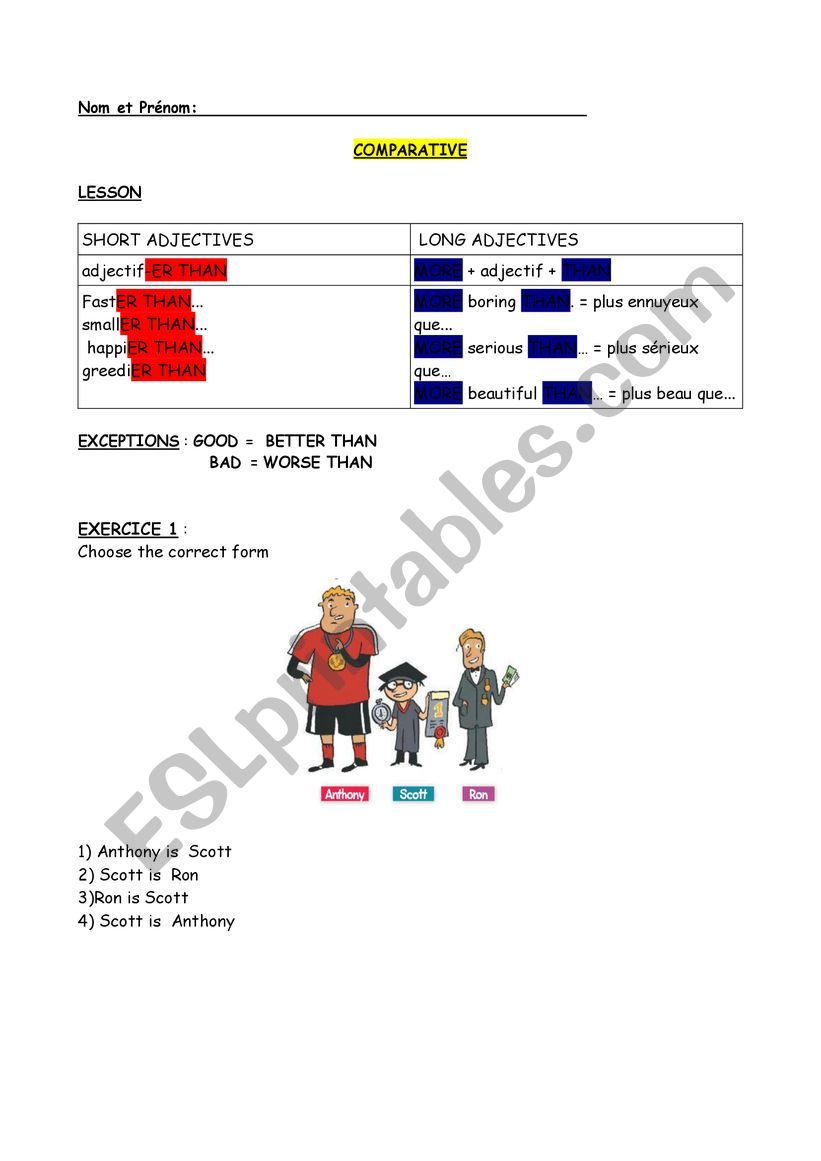 exercises to compare worksheet