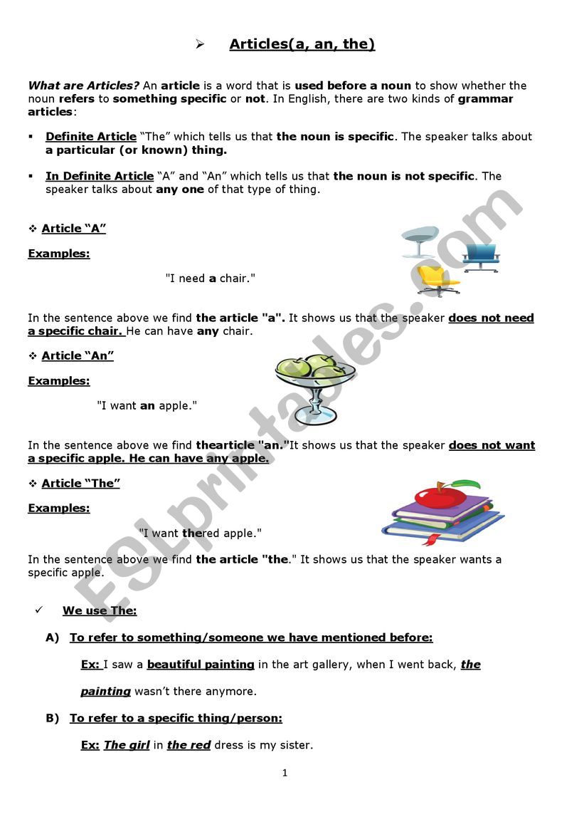 A, An, the and Zero Articles worksheet