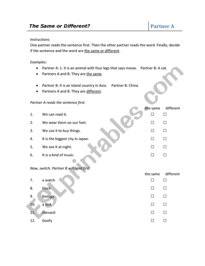 Same or Different worksheet