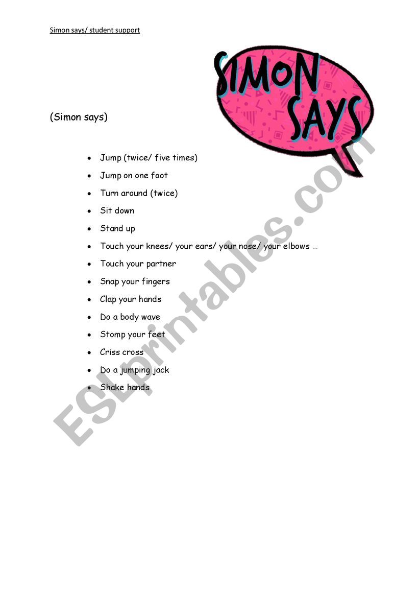 Simon says, student support worksheet