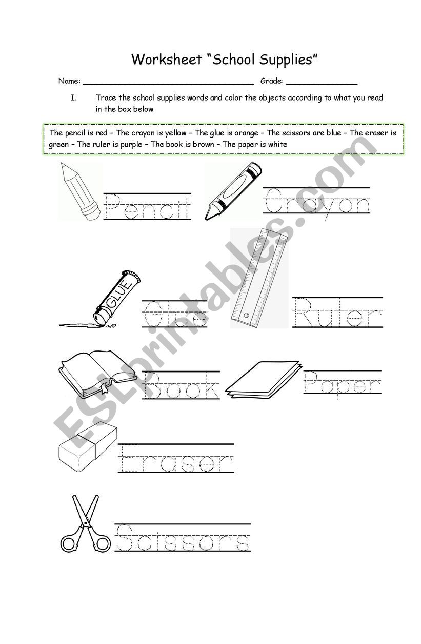 School Supplies Version 2 worksheet