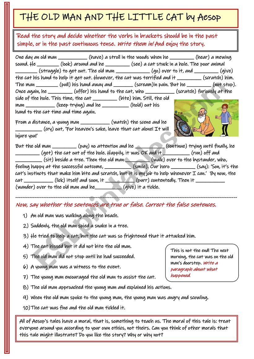 The Old Man and the Little Cat: an Aesopï¿½s fable - ESL worksheet by ...