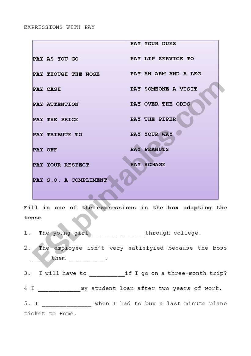 IDIOMATIC USE OF  worksheet