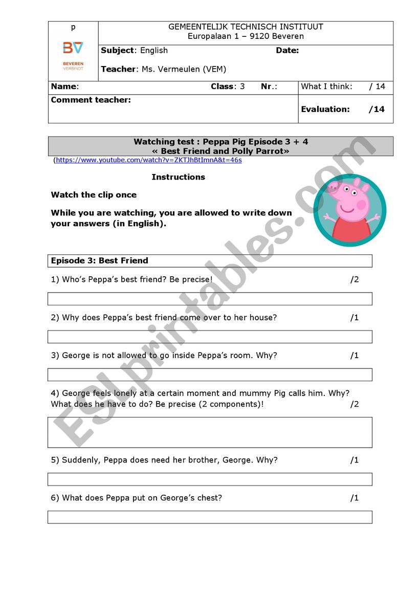 WC Peppa Pig worksheet