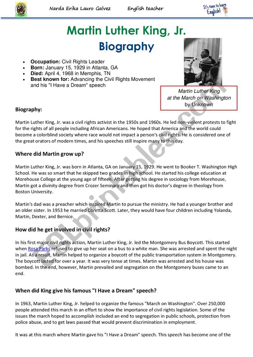 Martin Luther King biography worksheet