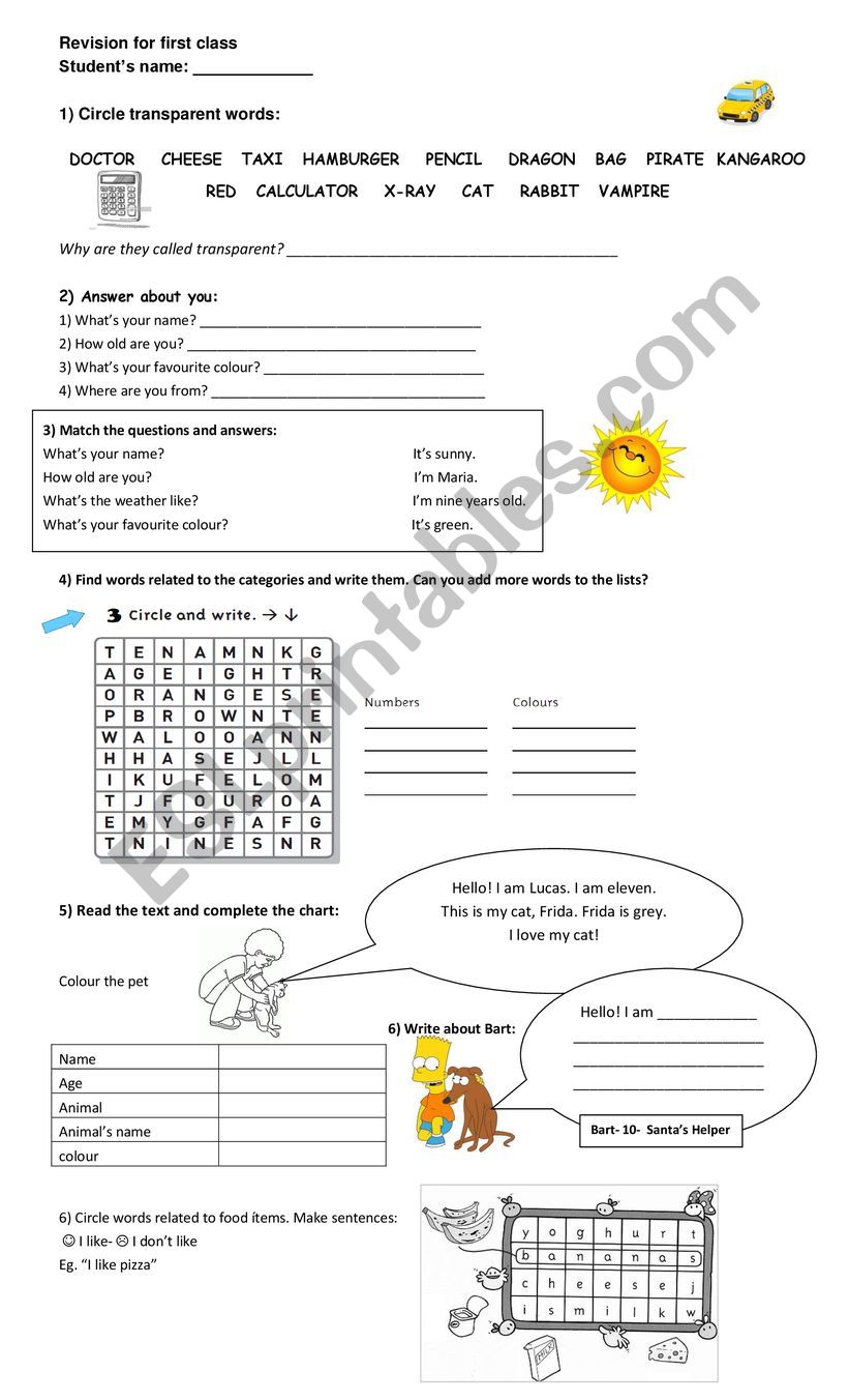 Revision for first class worksheet