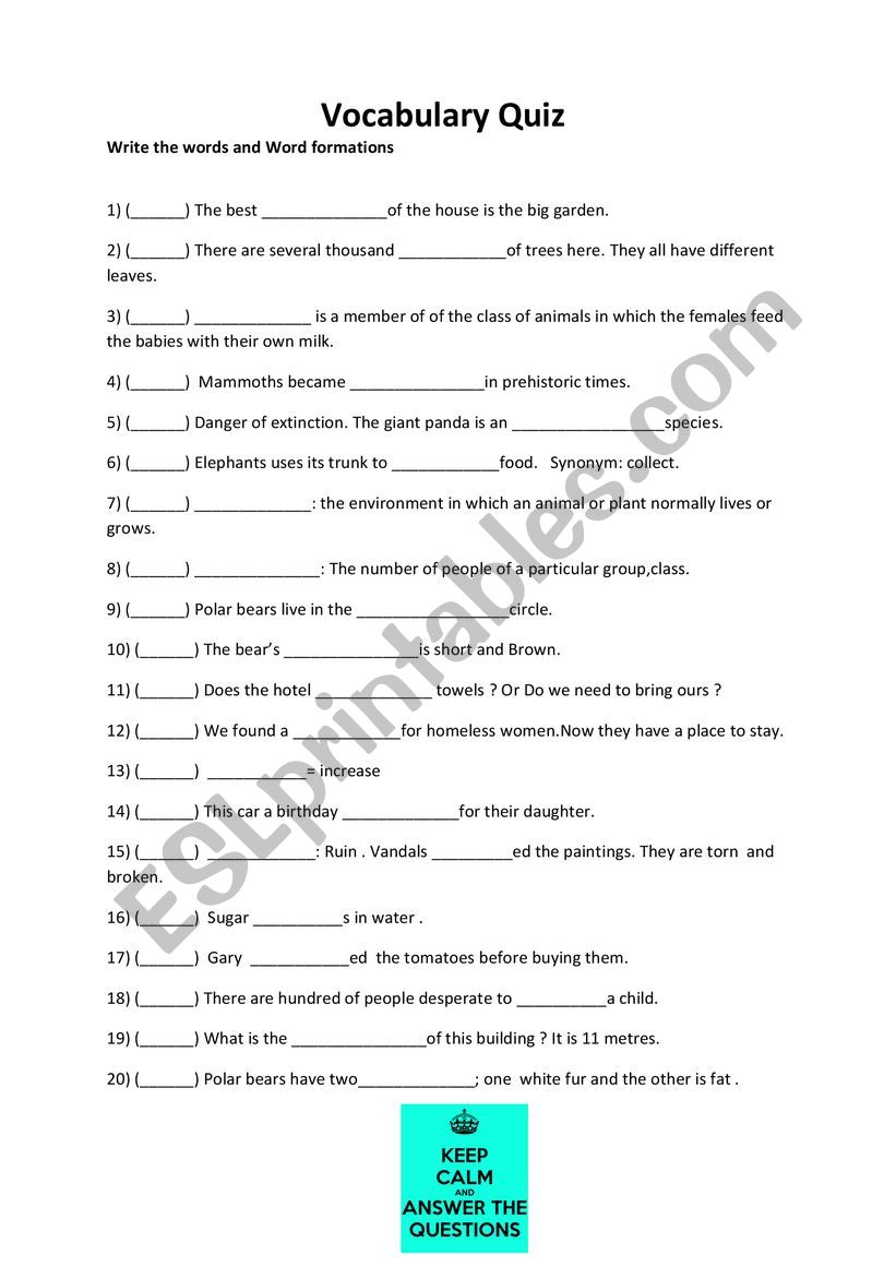 Vocabulary quiz  worksheet