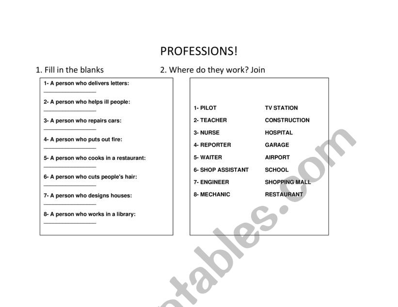 PROFESSIONS worksheet