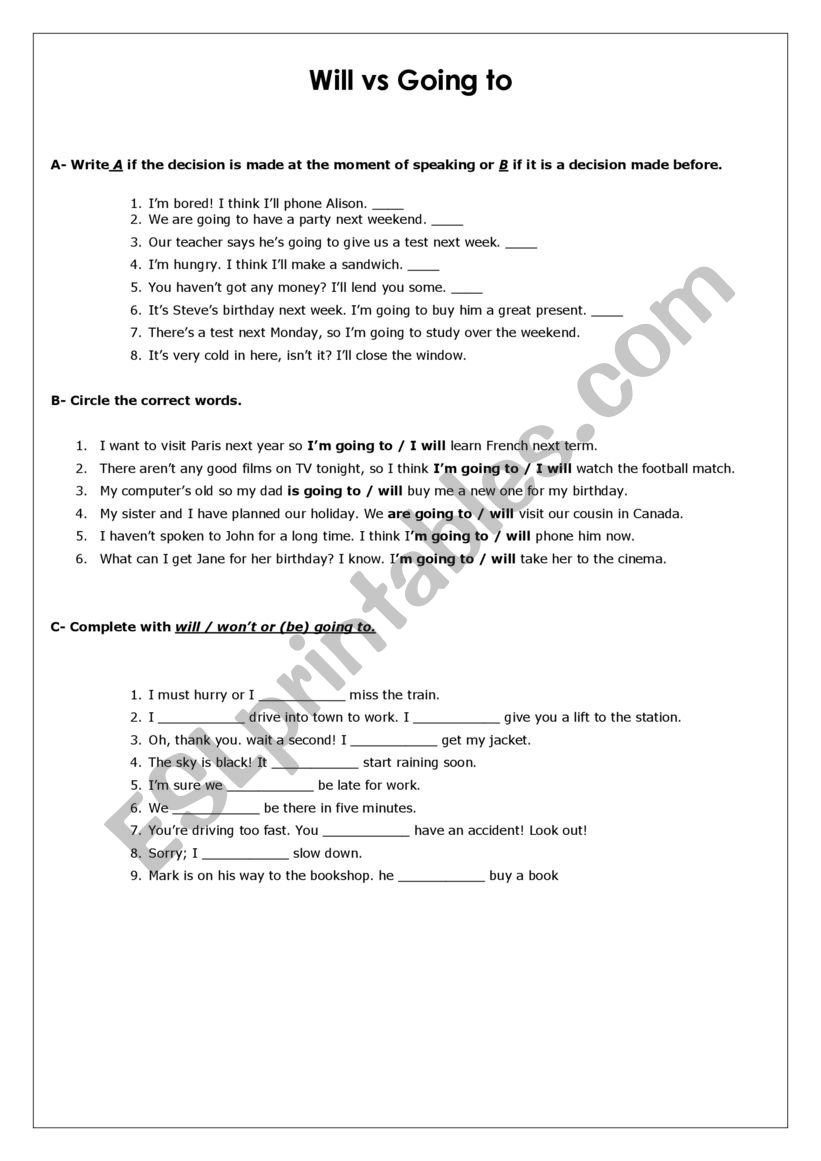 Will & going to worksheet