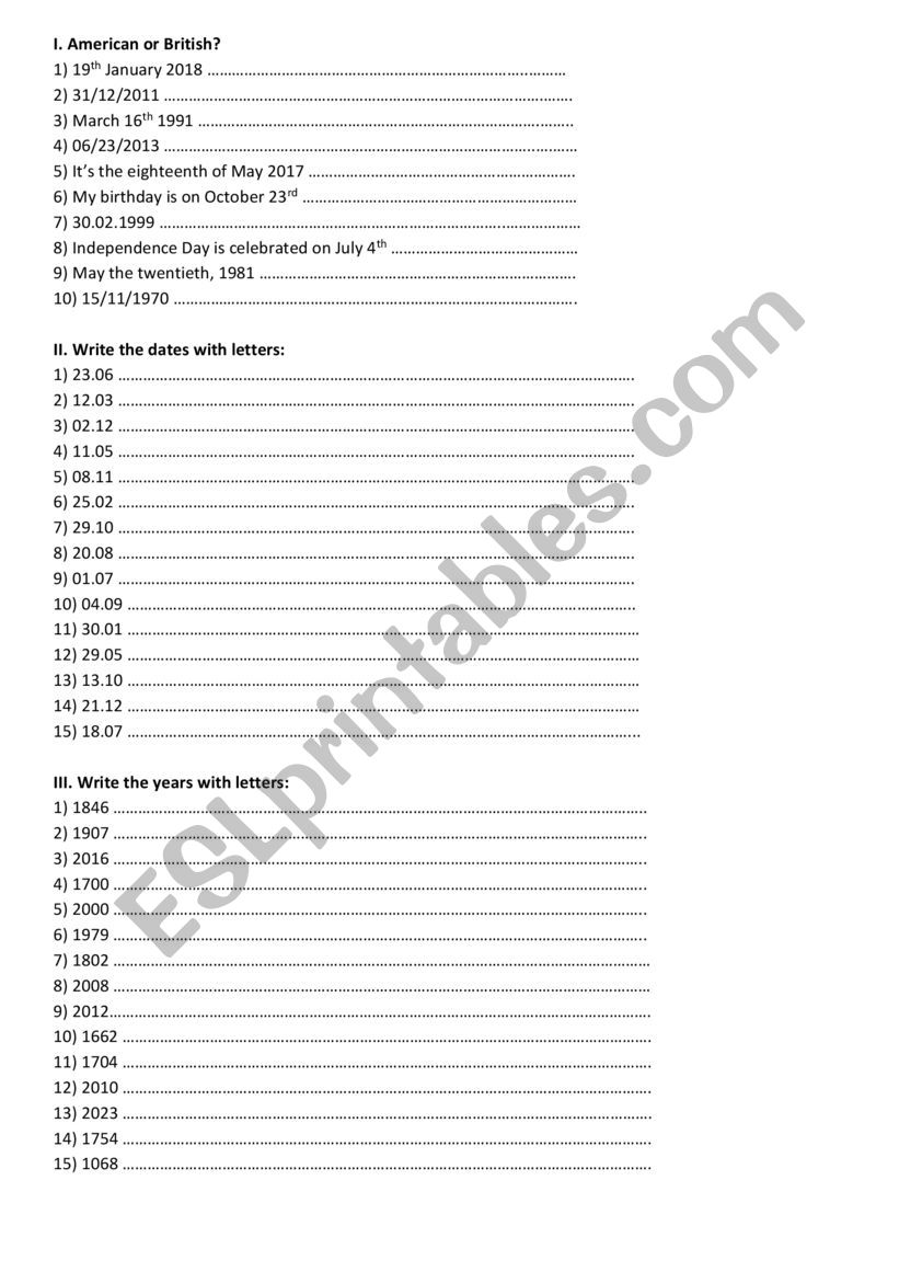 Dates and years worksheet