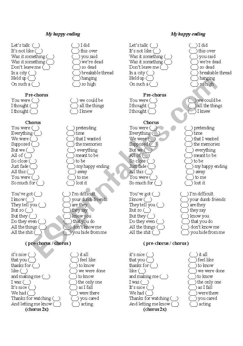 My happy endind song activity worksheet