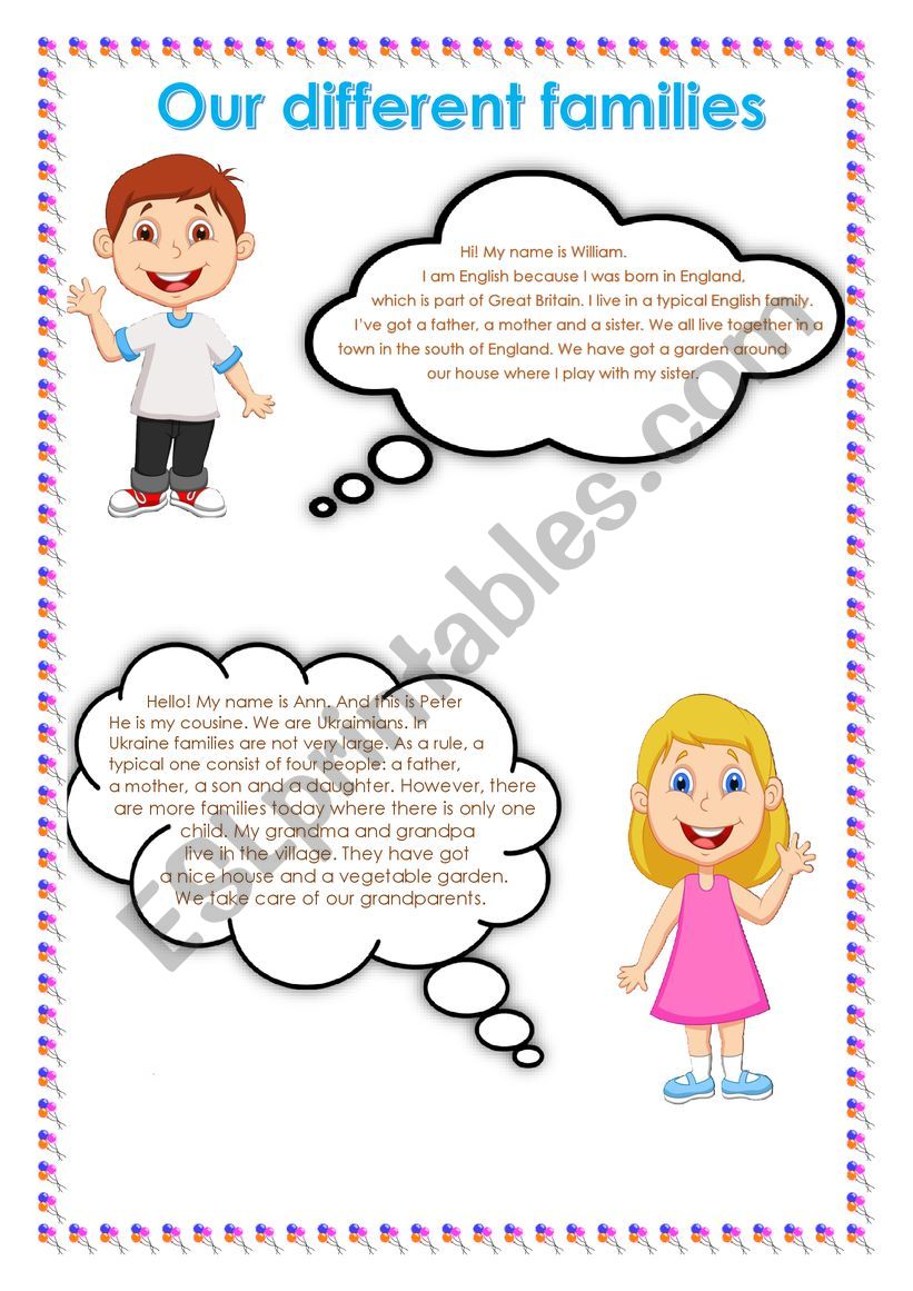Our different families worksheet