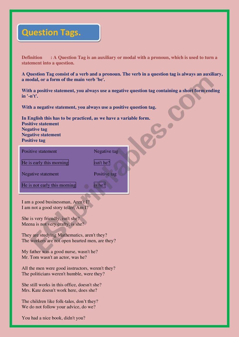 Let�s learn Tag Questions. worksheet