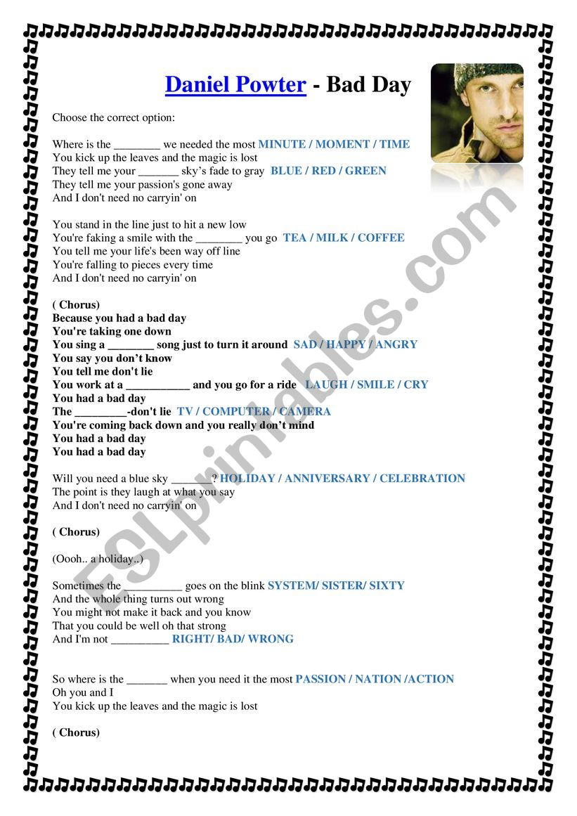 BAD DAY-SONG worksheet