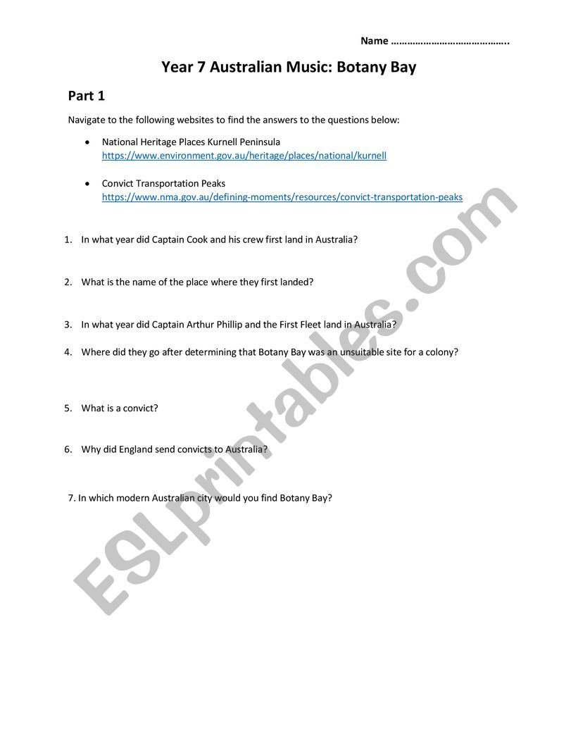 Botany Bay Worksheet worksheet