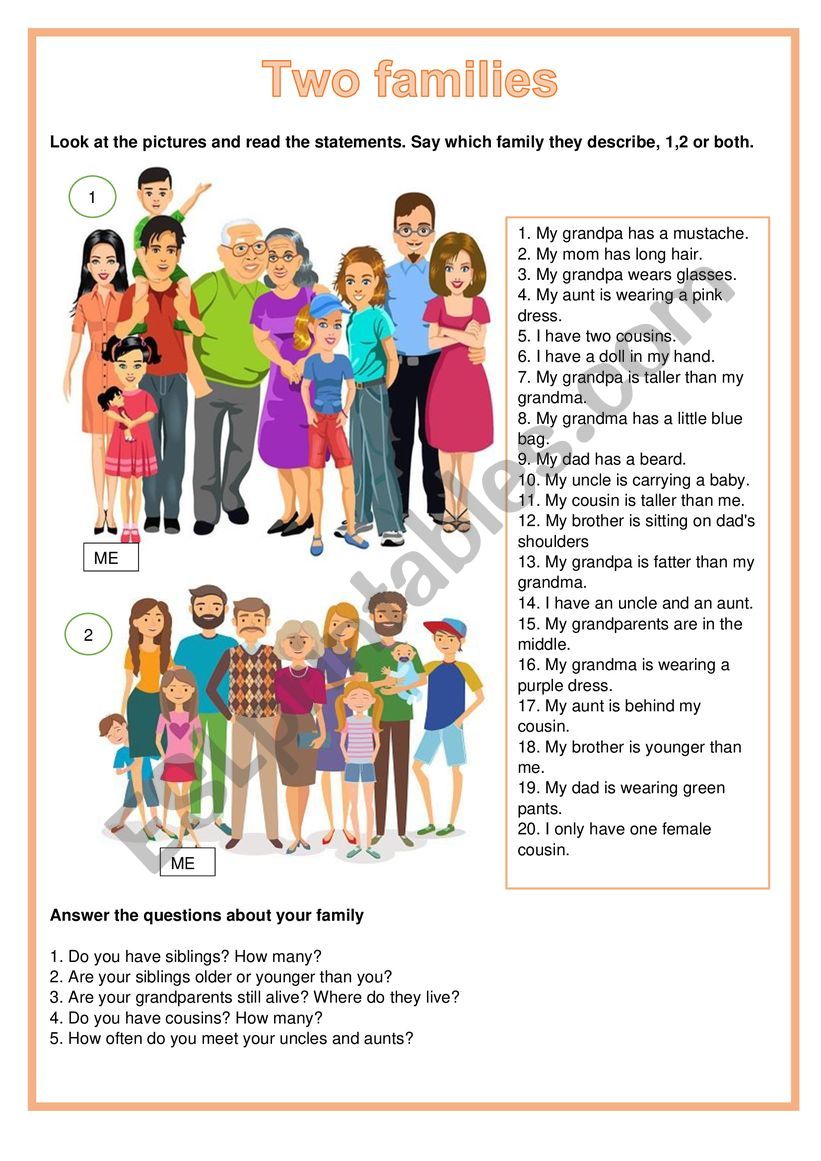 Picture Description Two Families ESL Worksheet By S lefevre