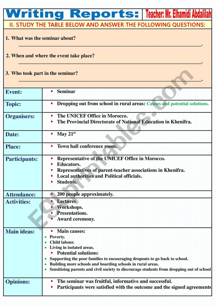 WRITING REPORTS A Post Event Report ESL Worksheet By Abdalilahelhamidi