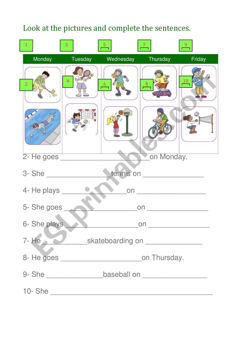 Sports + days of the week worksheet