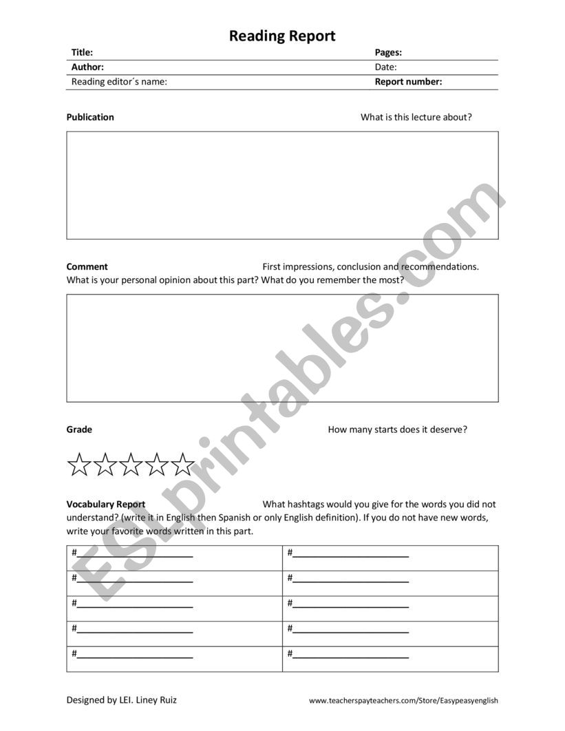 Complete Reading Report worksheet