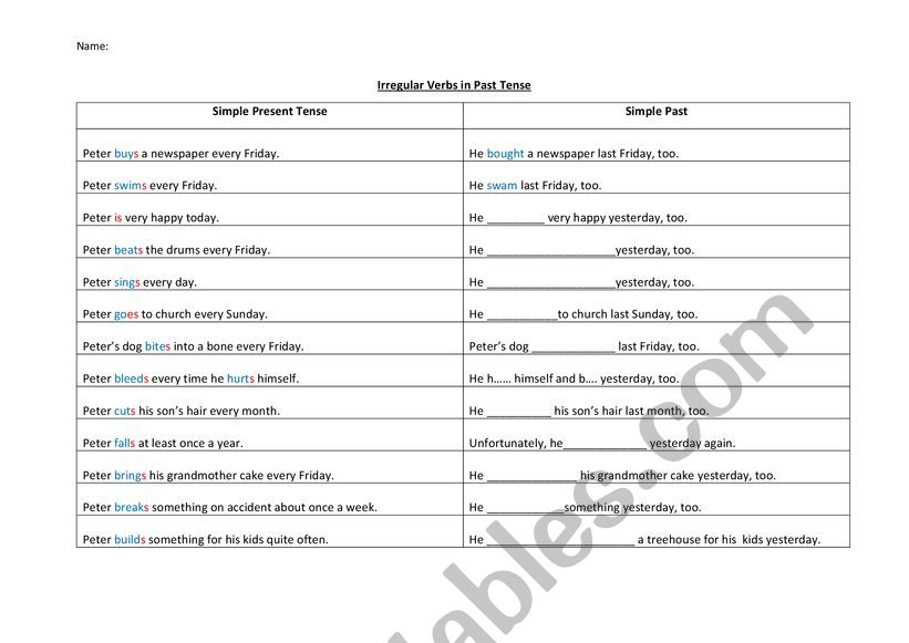Irregular verbs in past tense worksheet