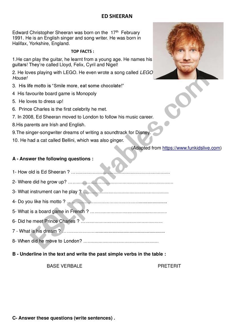 Ed Sheeran´s Top Facts Esl Worksheet By Shizuka74