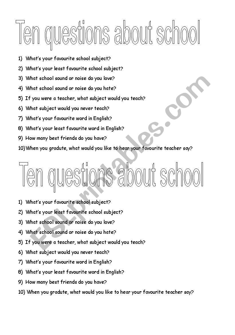 Ten questions about school worksheet