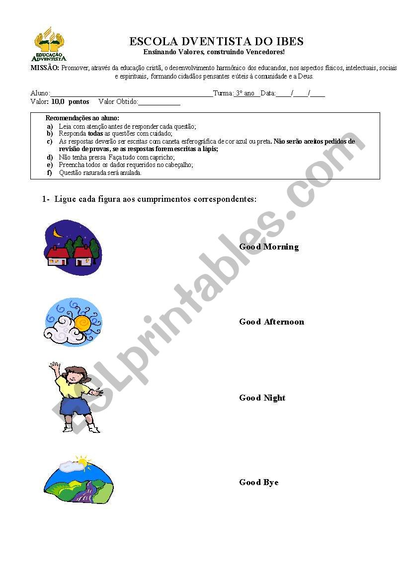 Greetings and school objects worksheet