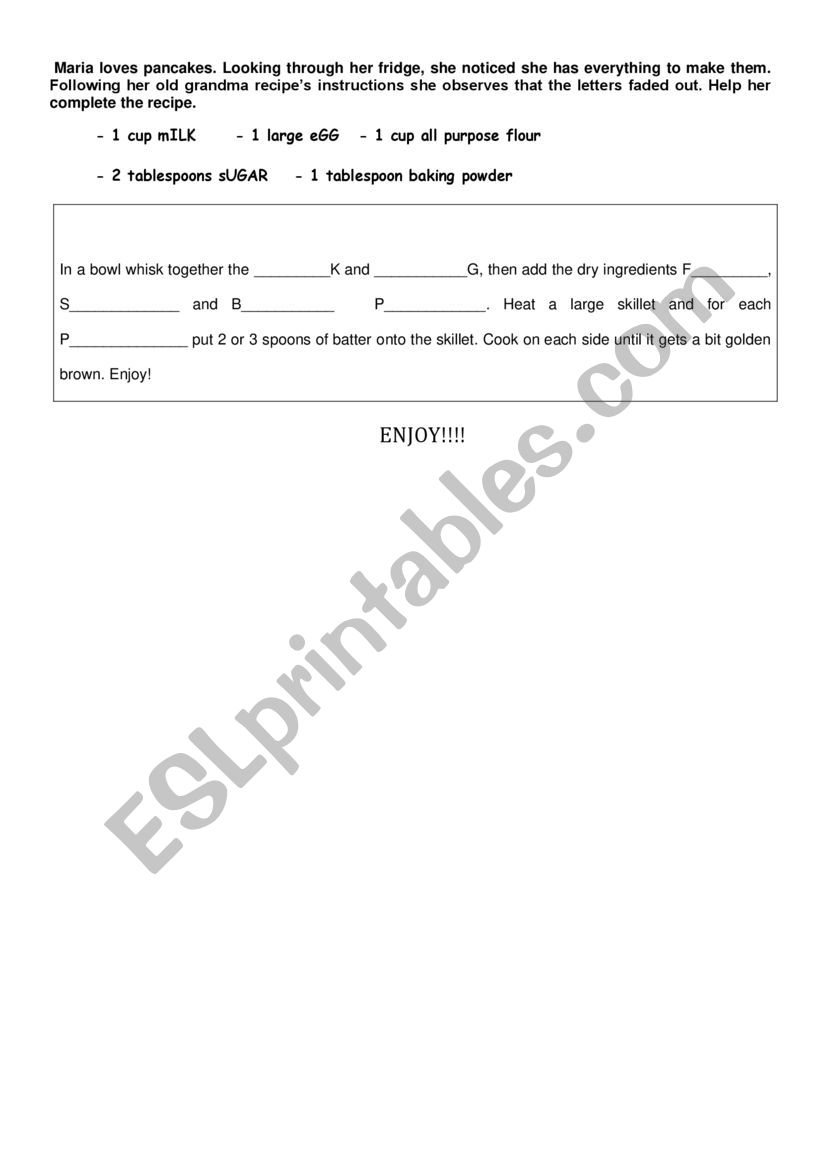 PANCAKE RECIPE - gap filling exercises