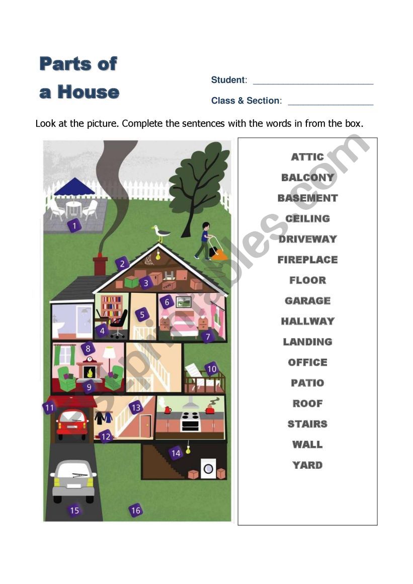Parts of a House - ESL worksheet by c3lt1ck