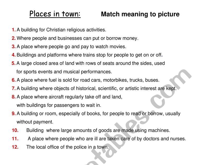 Places in town: match picture to correct word
