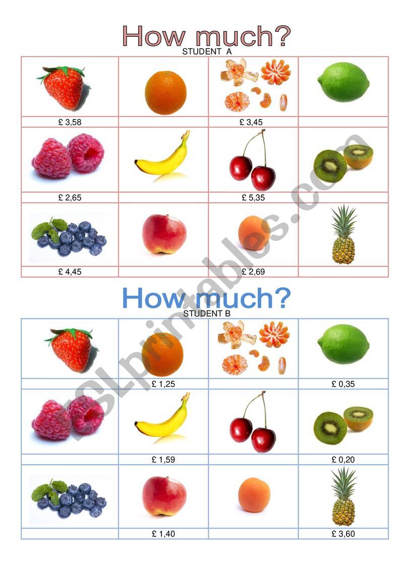 How much - Fruits worksheet