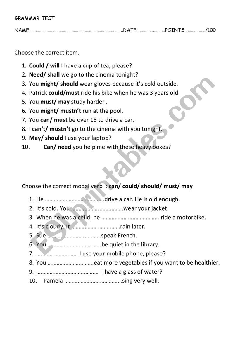 MODALS worksheet