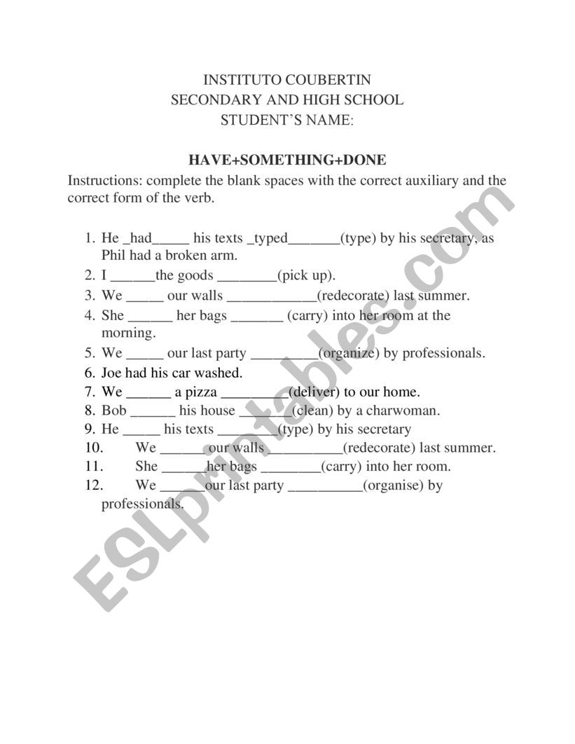 Causative form in past  worksheet