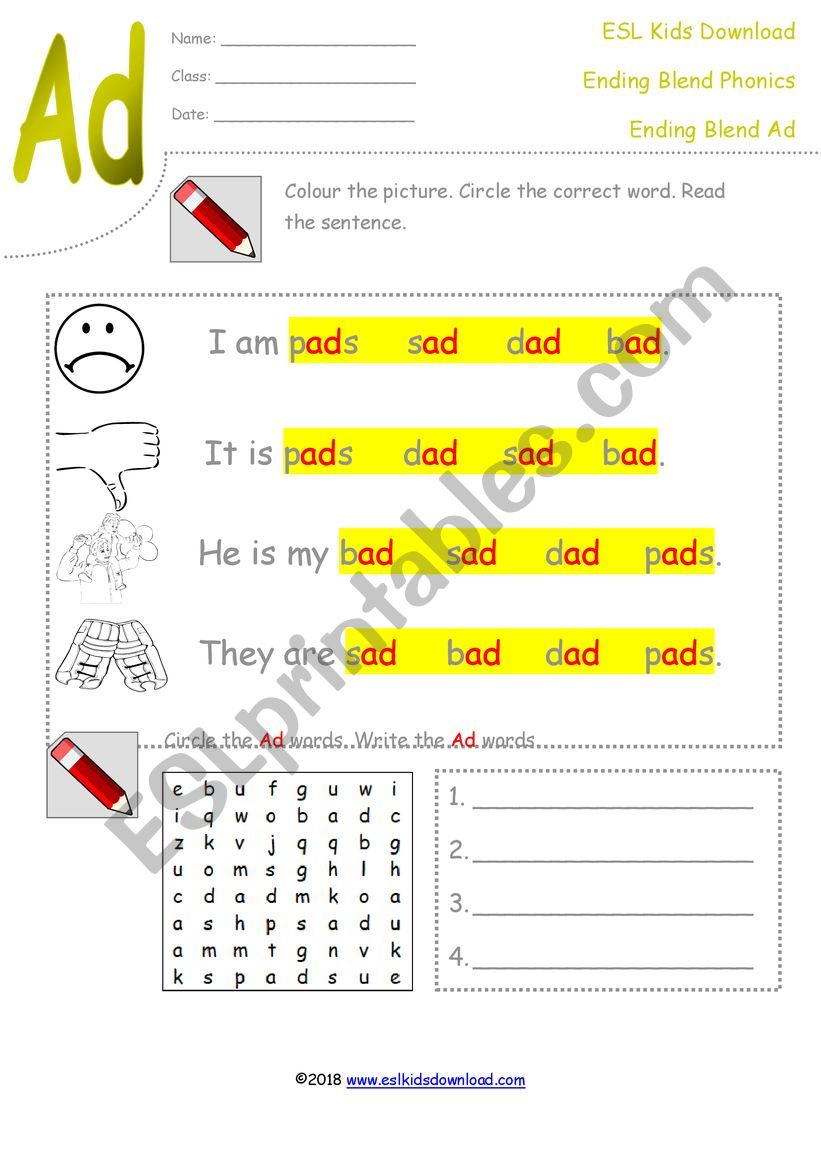 Ad Ending Blend Worksheet | ESL Kids Download