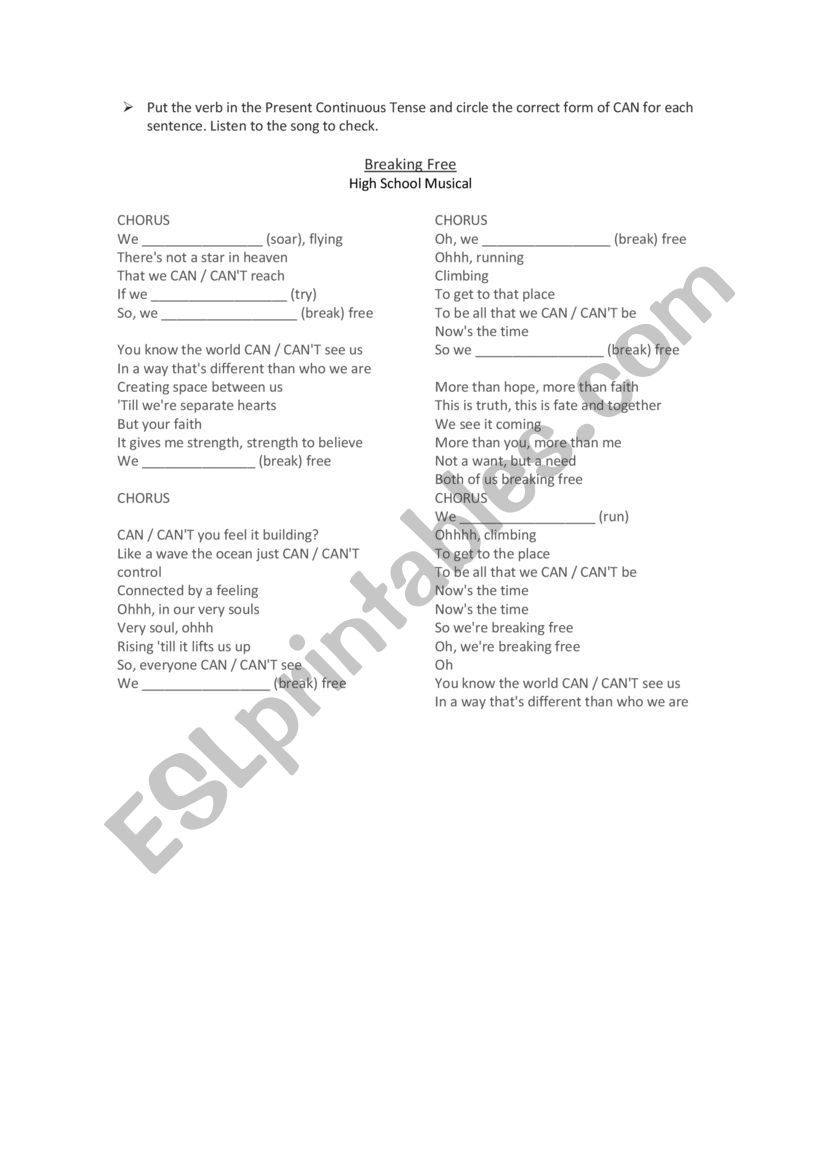 Present Continuous and Can - Song activity 