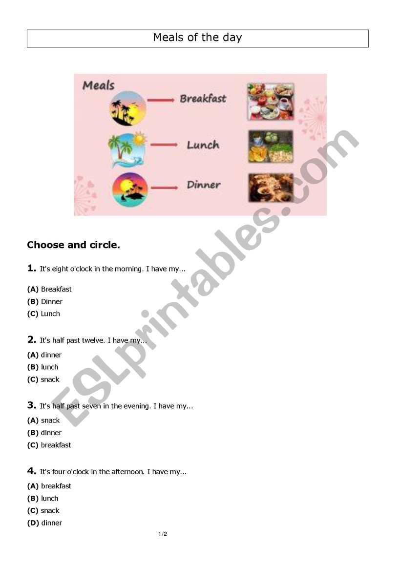 Meals throughout the day worksheet