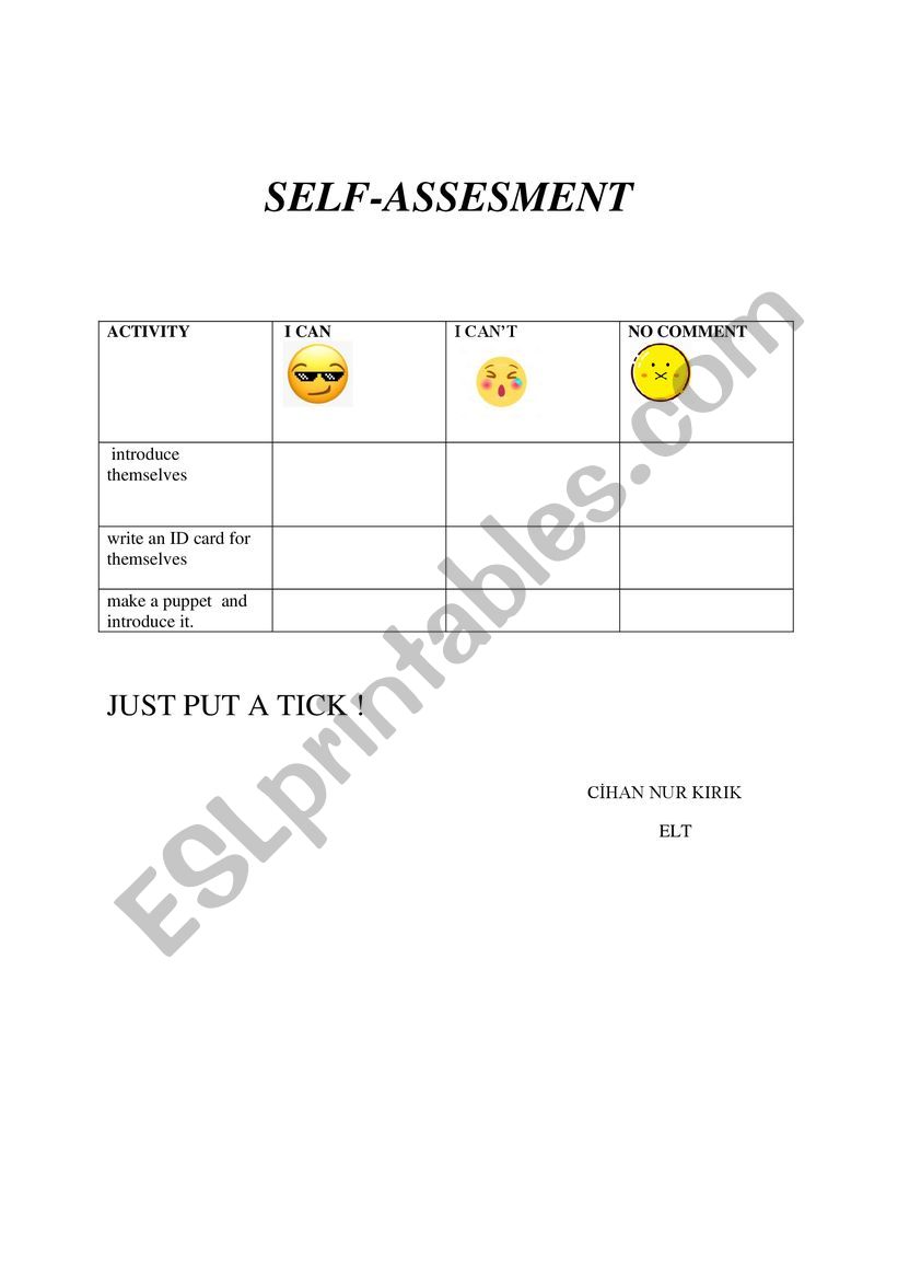 self assesment worksheet