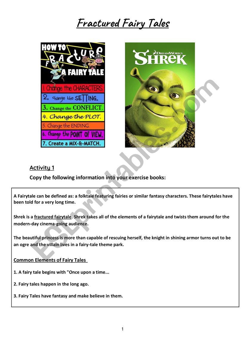 Fractured Fairytales Shrek worksheet