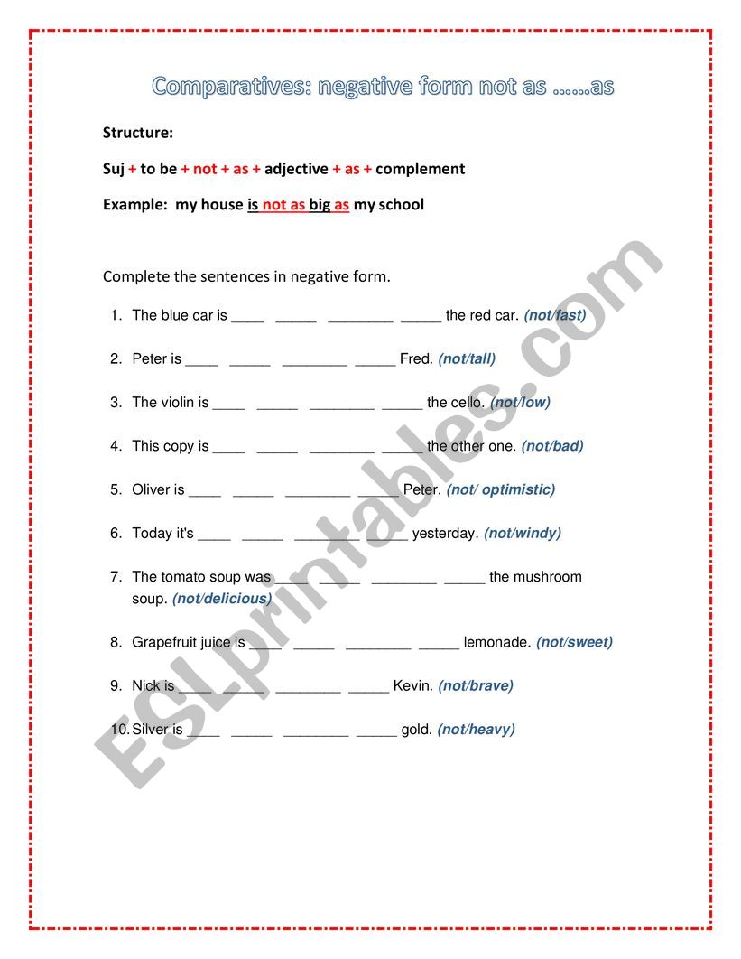 Comparative Not As as ESL Worksheet By Asuarez112