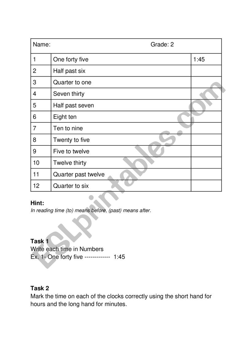 Practice on Writing time Grade two